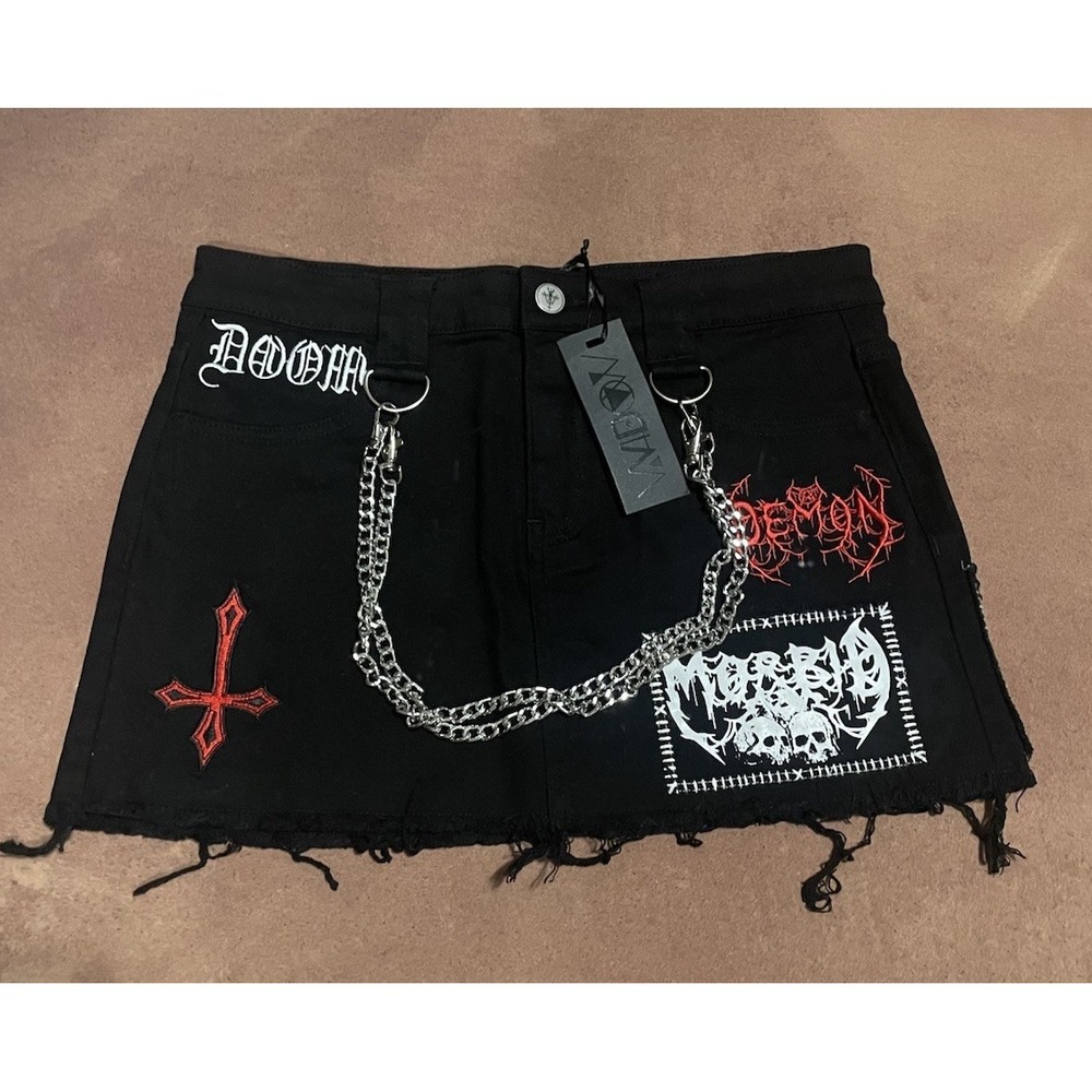 Dolls Kill‎ Widow Noise Annoys Mini Black Denim Skirt Size M Punk Grunge Goth
